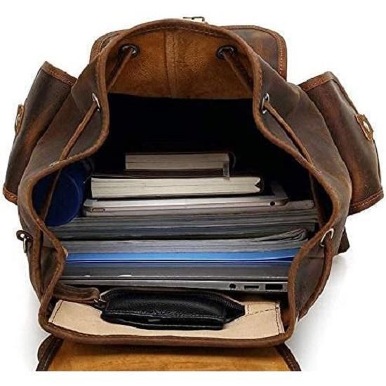 New 16" Brown Leather Backpack Vintage Rucksack Laptop Bag Water Resistant Casual Daypack College Bookbag