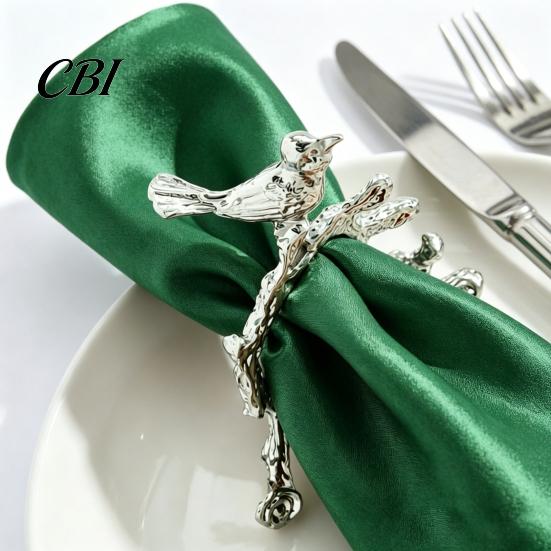 Tree Branch Napkin Ring Ring, Vintage & Bird Design with Gold Finish, Open-End Holder for Plated Cloth Linen Dinner Napkins, Wedding Banquet