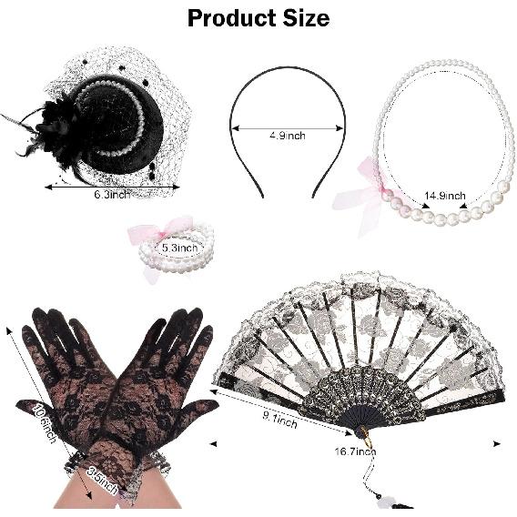Fumwase 5Pcs Tea Party Accessories Set for Women Afternoon Tea Accessories Kit Gloves Hats Necklace Fan Bracelet