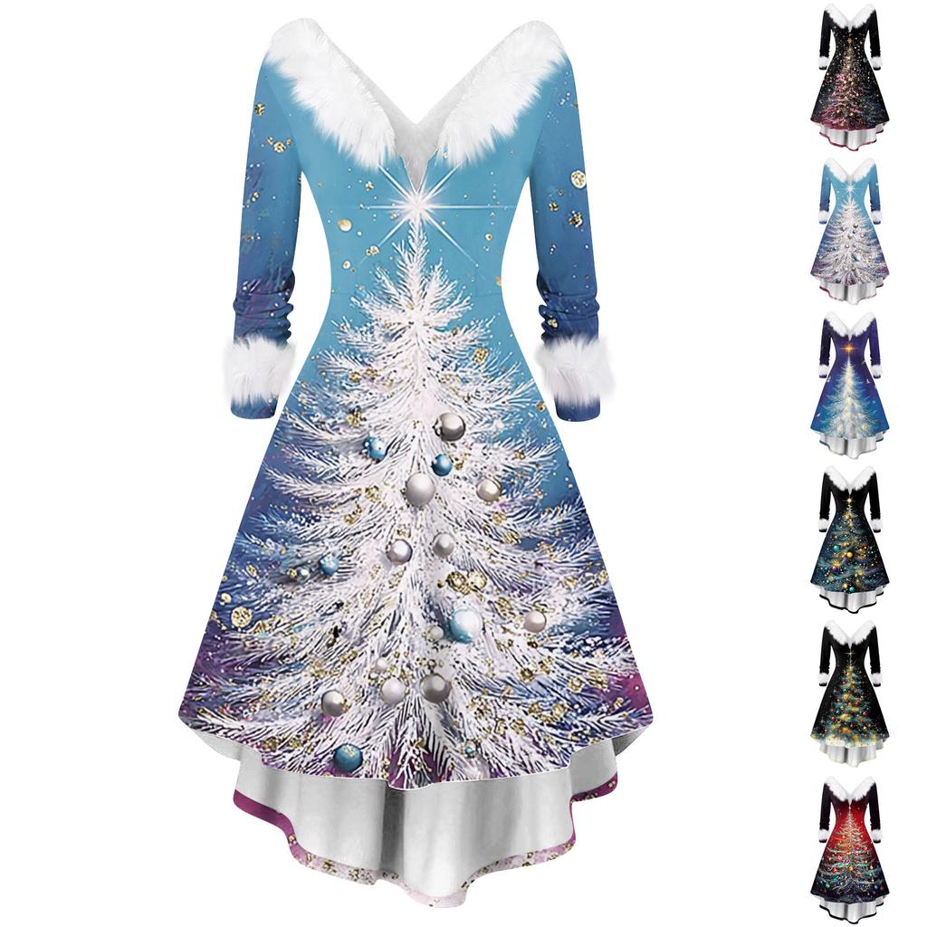 Women's Fashion Elegant Autun And Winter Long Sleeve V-Neck Christmas Print Dress