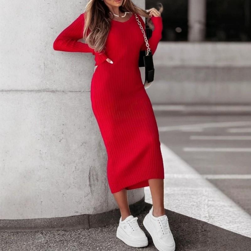2026 Elegant V-Neck Long Sleeve Maxi Dress Pure Color
