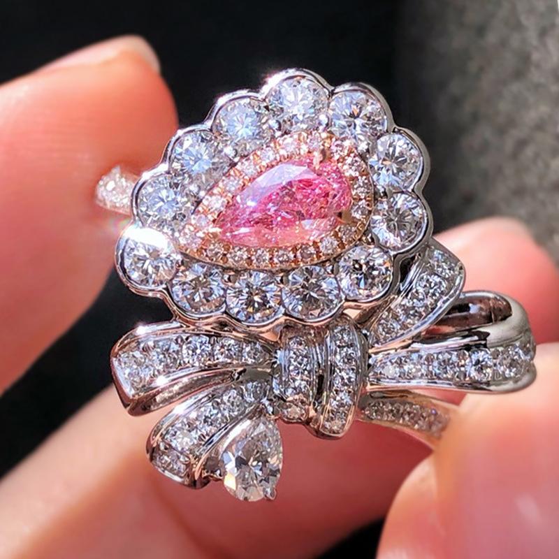 Internet celebrities with the same pink diamond water drop ring, exquisite bow design, light luxury banquet with ring women