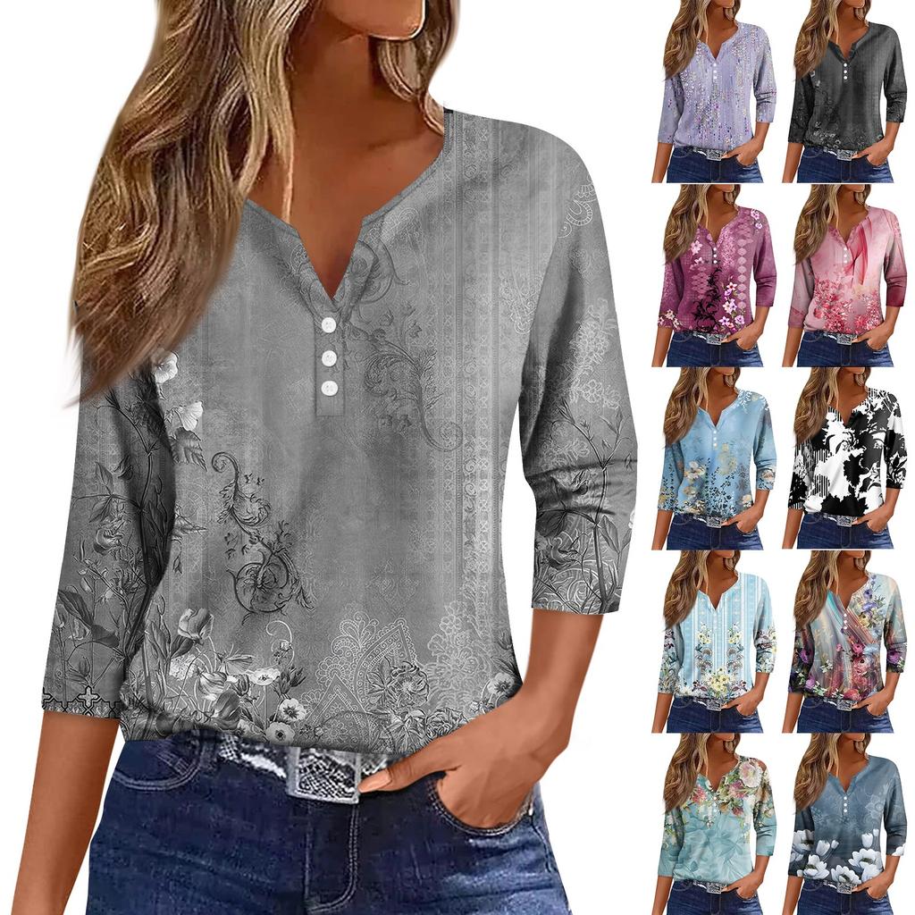 Women's Fashion Casual T-Shirt V-Neck Seven Sleeve Vintage Floral Print Button Top