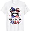 Party In USA Girls 4th of July Shirt Daughter Messy Bun USA T-Shirt