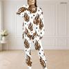 Women Plus Size Round Neck Long Sleeve White Printed Top With Pockets Long Pants Two Piece Set