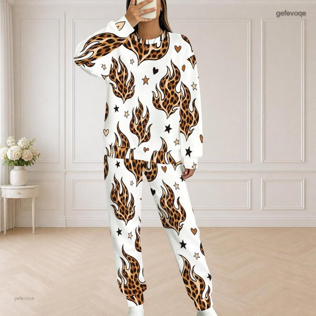 Women Plus Size Round Neck Long Sleeve White Printed Top With Pockets Long Pants Two Piece Set