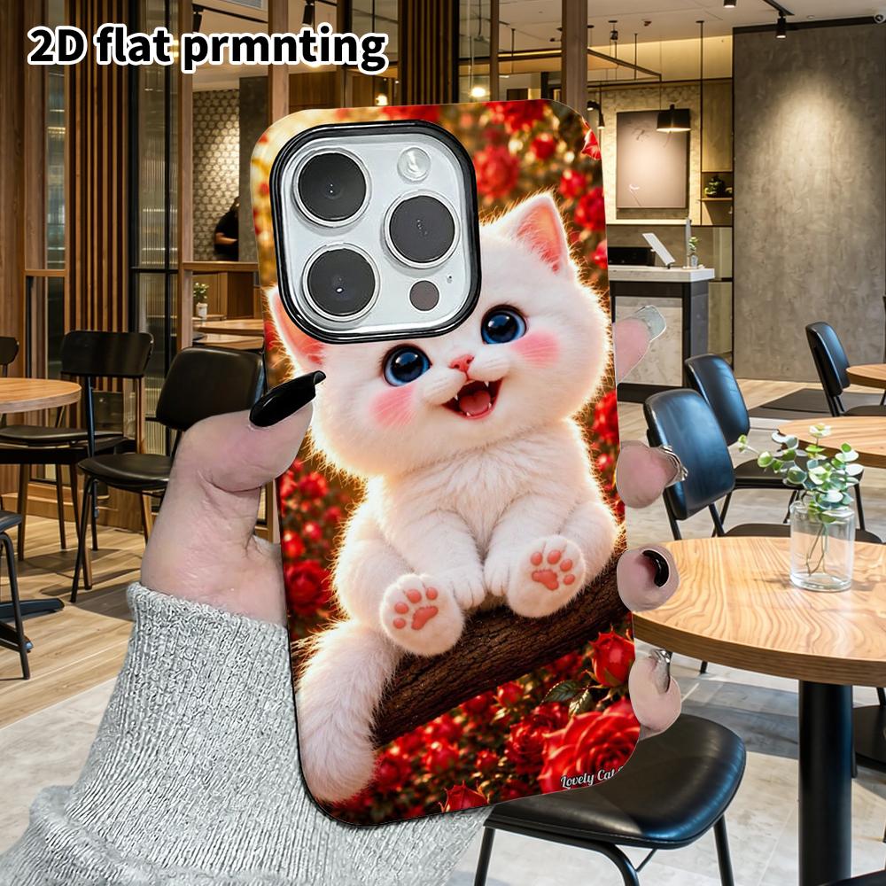 Phone case: 2D flat design suitable for iPhone 18 17 16 15 14 13 Pro film protective case, couple style, little white cat, Christmas and Halloween gif