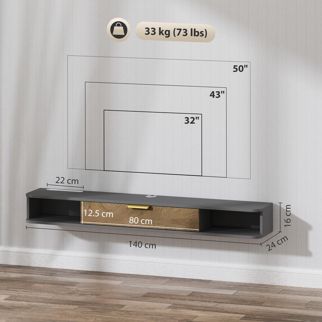 140 Cm Floating TV Stand With Storage Charcoal Grey