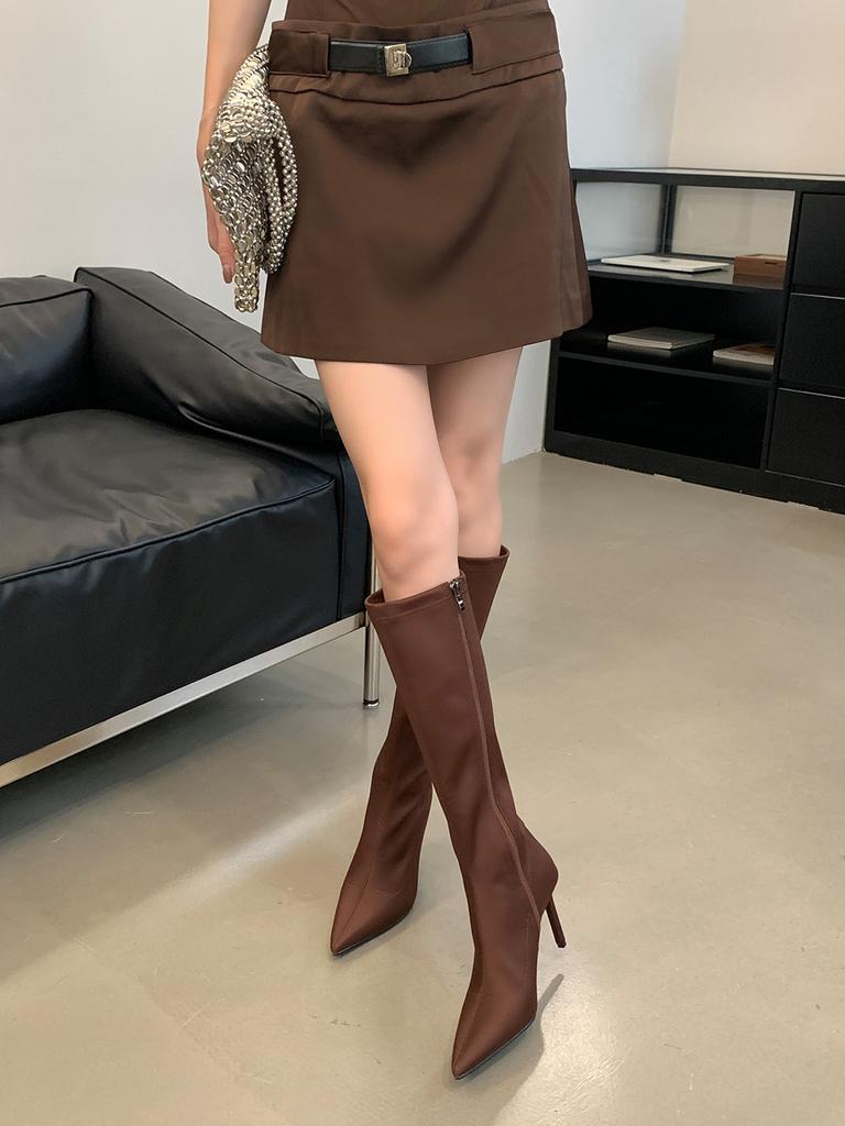 Мода Черный Фиолетовый Коричневый Женские Сапоги До Колена Челси Ботас Тонкие Высокие Каблуки Боковая Молния Вечеринка Туфли-лодочки Зимние Сапоги Женские Гладиаторы