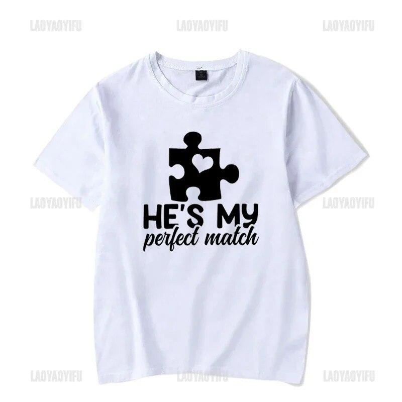 Couple T Shirt for Lovers Cotton Tee He's She's My Perfect Match Print T Shirts Unisex Summer Tops Anniversary Matching