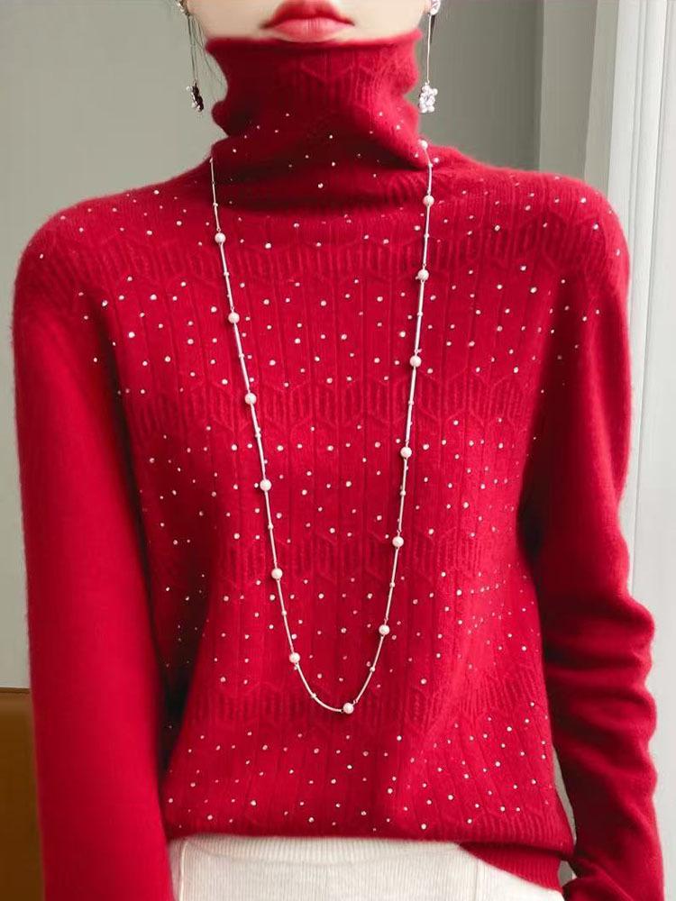 Women's Rhinestone High Neck Wool Knitwear: New Autumn/Winter Slimming Cashmere Sweater