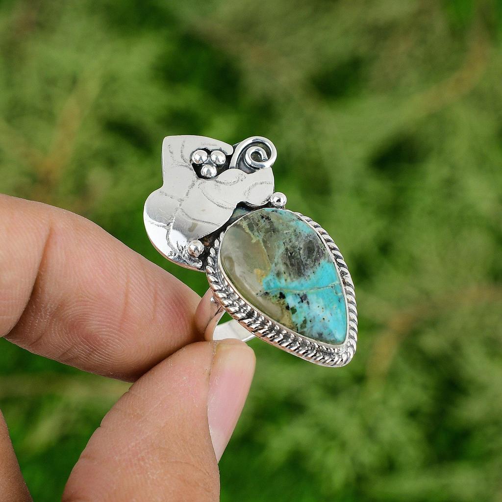 Shattuckite Gemstone Handmade Bezel Promise Wedding Ring Sterling Silver US 7.25