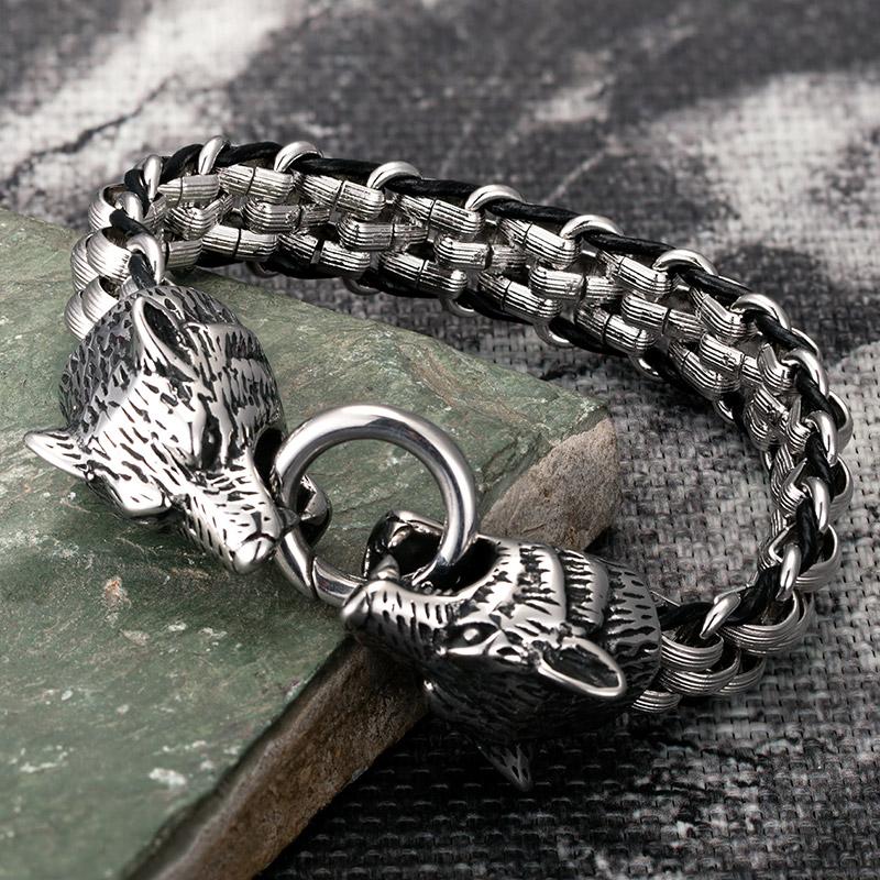 Wolf Head Bracelets Men's Stainless Steel Chain Charm Leather Punk Biker Jewelry Rock Viking Wristband Fashion Accessories Gifts