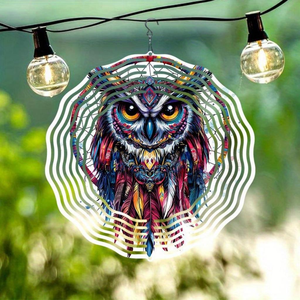 Colorful 2D Metal Owl Wind Spinner Vibrant Garden Patio Decor Outdoor Hanging Ornament for Thanksgiving Christmas Easy to Install No Power Needed