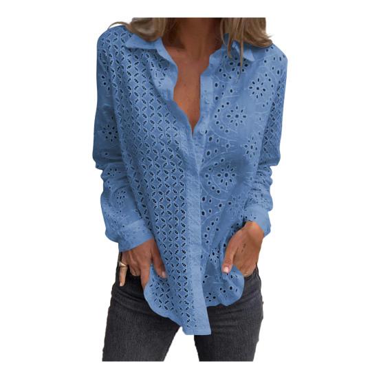 Women Shirt Lapel Long Sleeve Hollow Flower Pattern Shirt Tops Solid Color Loose Fit Single