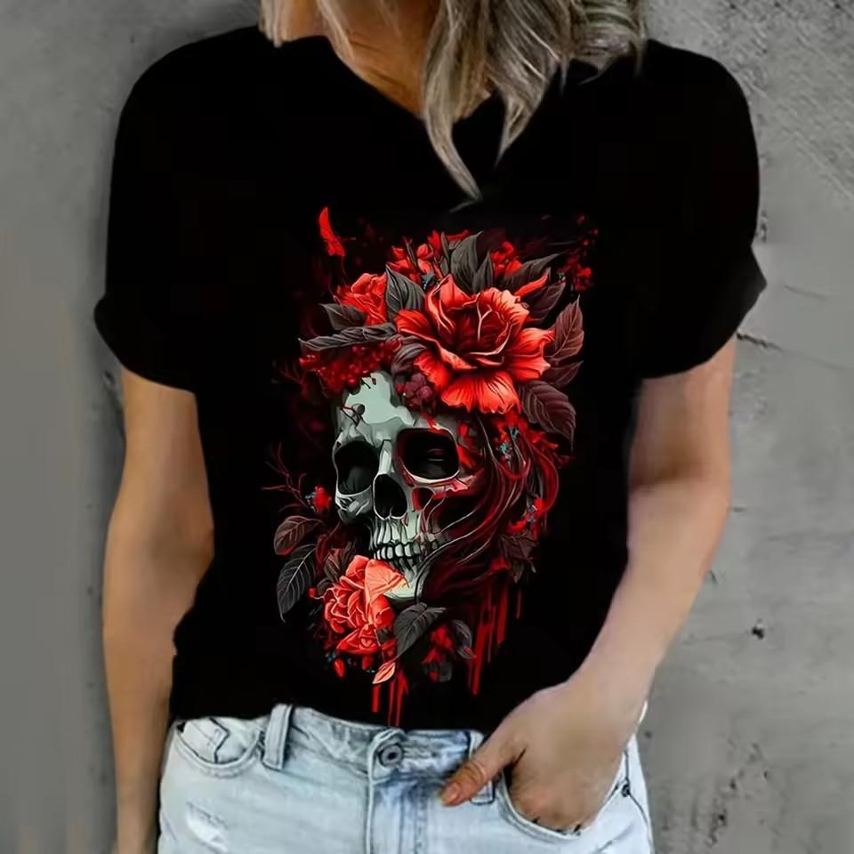 Футболка в готическом стиле больших размеров для женщин с 3D-принтом в виде фигур, черепов и цветов, с круглым вырезом и коротким рукавом, слегка эластичная футболка для женщин в уличном стиле