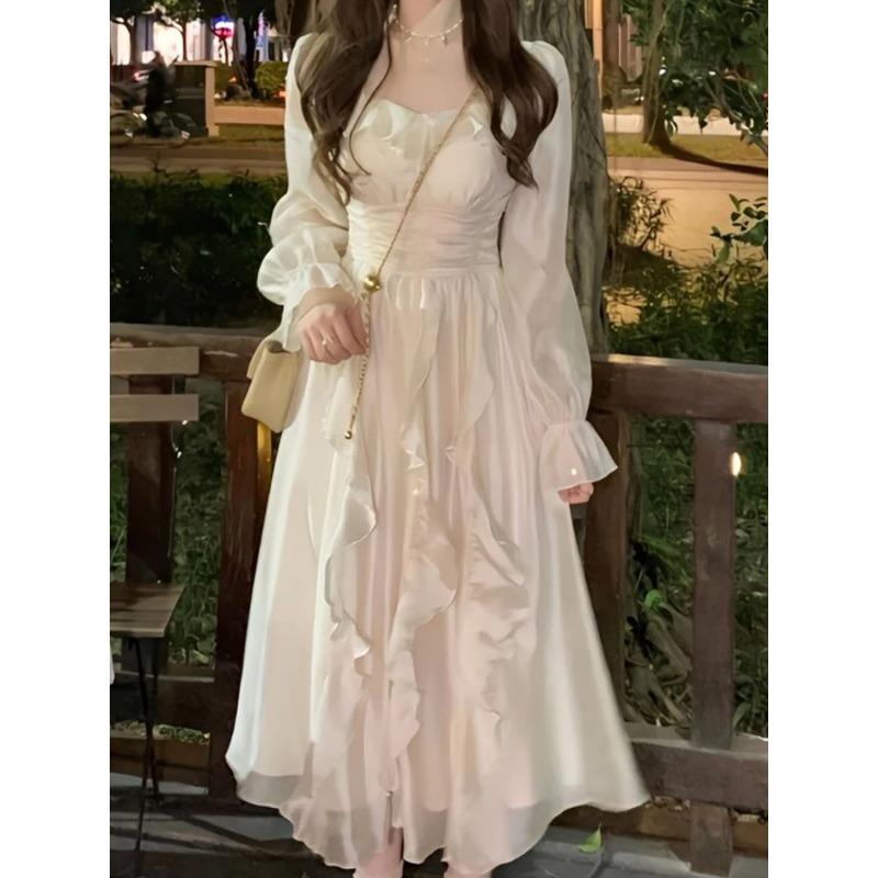 Элегантное милое платье феи, женское весенне-летнее платье миди с длинными рукавами, корейское модное винтажное однотонное платье трапециевидной формы с высокой талией