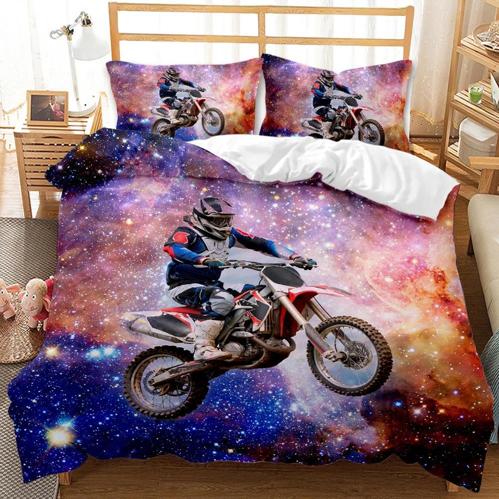 Motorcycle Duvet Cover Set Motocross Racing Bedding Dirt Bike Extreme Sports For Men Teens Boys Kids Polyester Comforter Cover