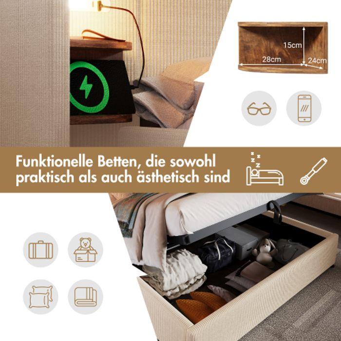 Lit double - MUVOE - 180x200 cm - Rembourré Beige - USB Type-C - Rangement hydraulique