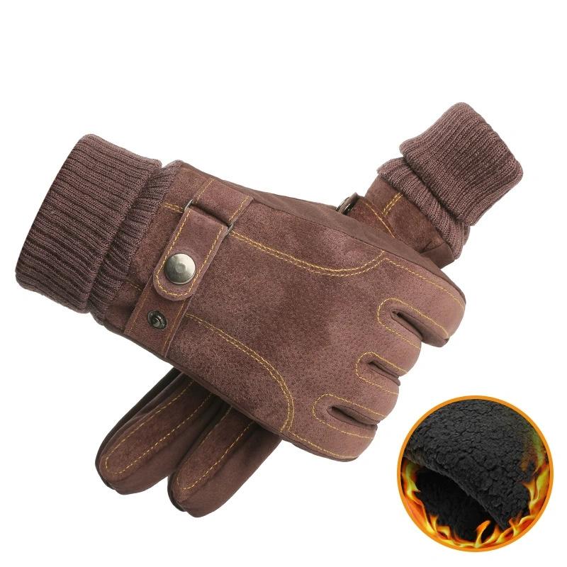Мужские зимние теплые кожаные перчатки из утолщенного хлопка ветрозащитные варежки для вождения