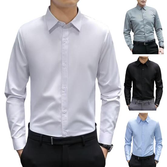 Мужская официальная рубашка в деловом стиле с отложным воротником и длинными рукавами, однобортная рубашка для офиса и встреч, однотонная