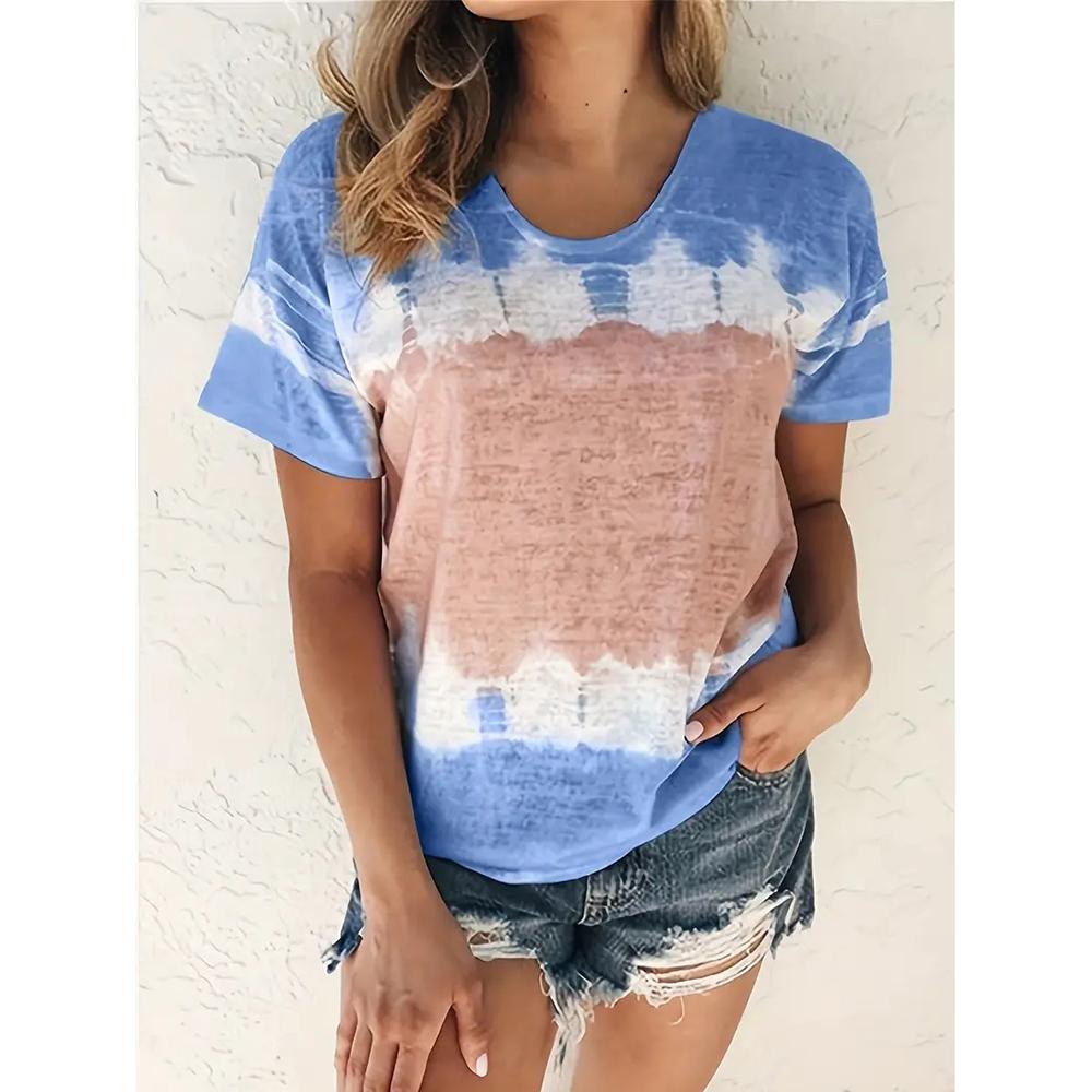 Летний топ с круглым вырезом, 3D-принтом в стиле тай-дай, модная повседневная женская футболка с короткими рукавами