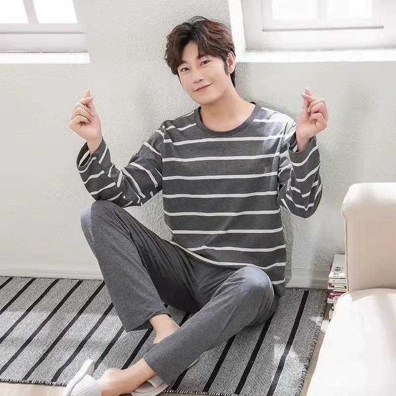 Pajamas Men Autumn Long-Sleeved Cotton Autumn and Winter Can Be Worn Outside The Casual Large Size Loose Grey Striped Homewear
