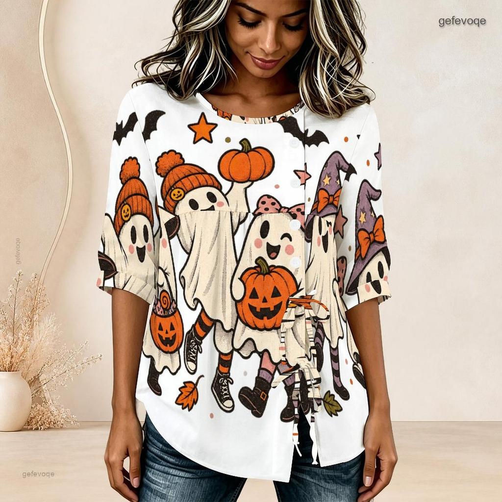 Plus Size Women Crew Neck Mid Sleeve Button Front Tie Front Lightweight Blouse