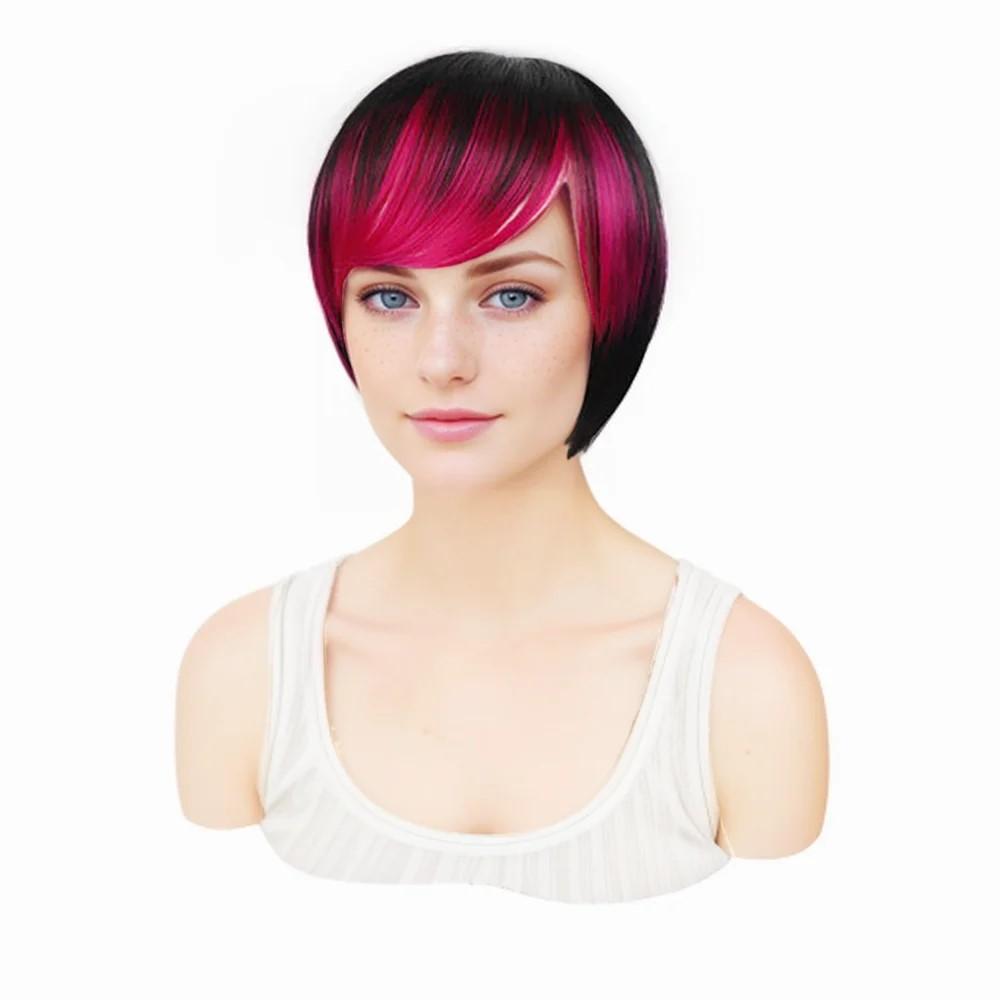 Short Hair Wigs Bob Haircut Whit Bangs Pink Purple Green Ombre Color Wig for Women Girls