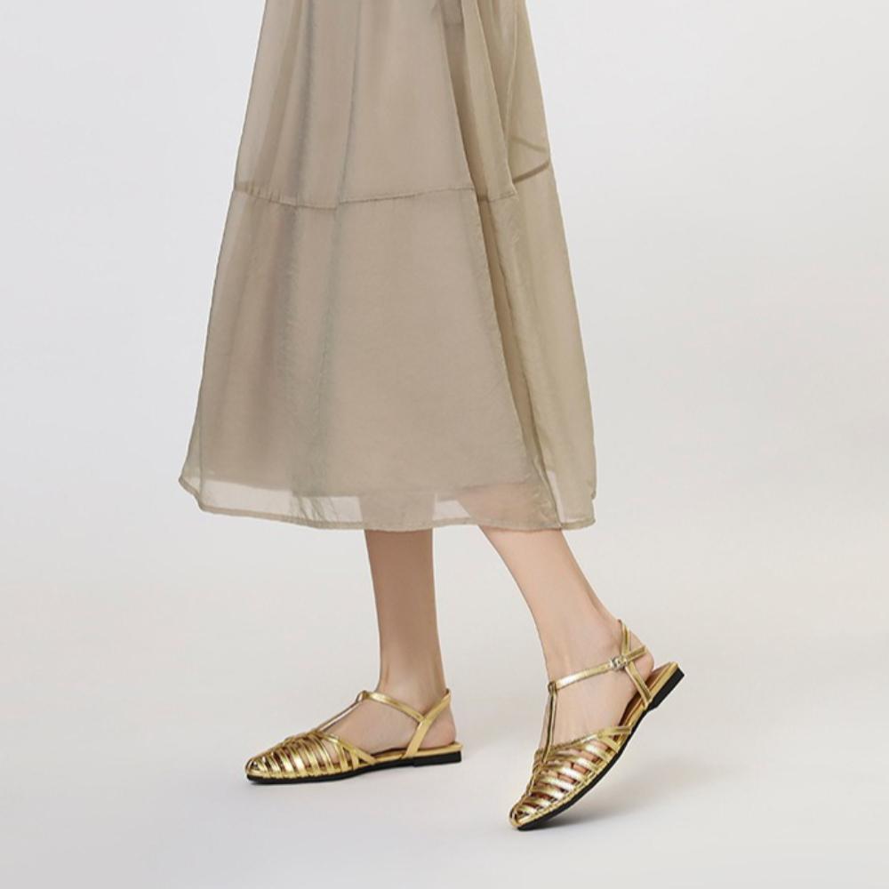 New Summer Women Closed‑Toe Woven Hollow Sandals, Niche Square Toe One‑Buckle T‑Strap Roman Shoes
