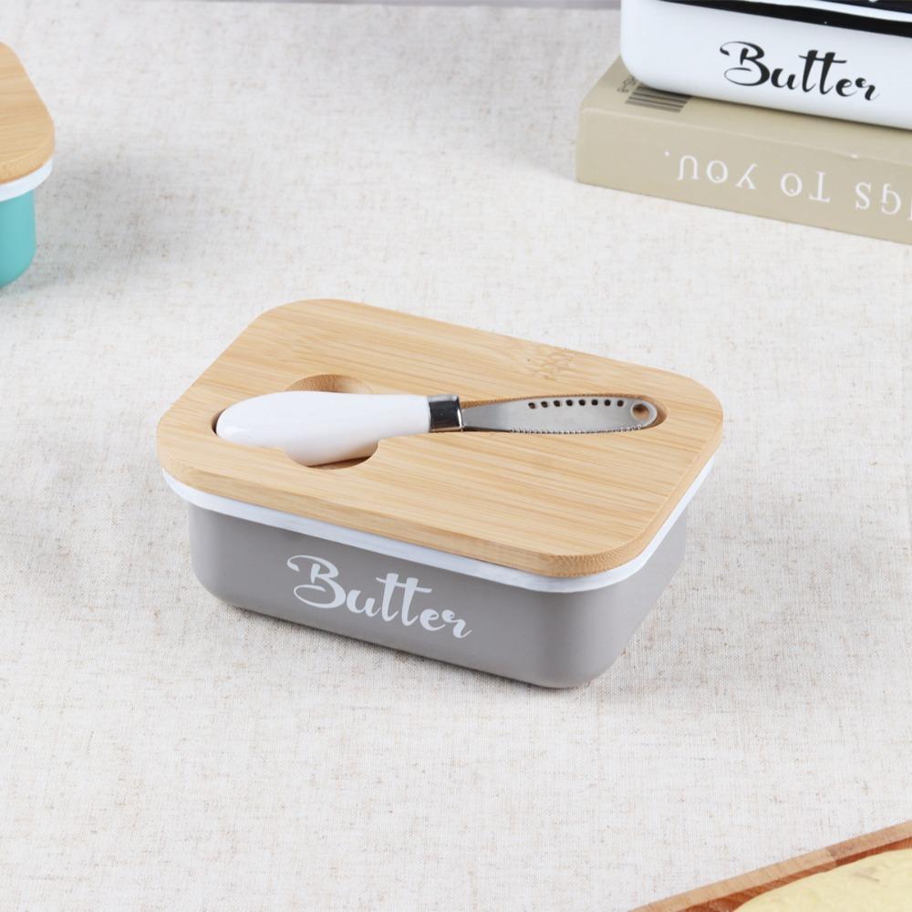 Practical Airtight Butter Dish Rectangular With Spatula Butter Storage Container Bamboo Cover Iron Butter Keeper Bread