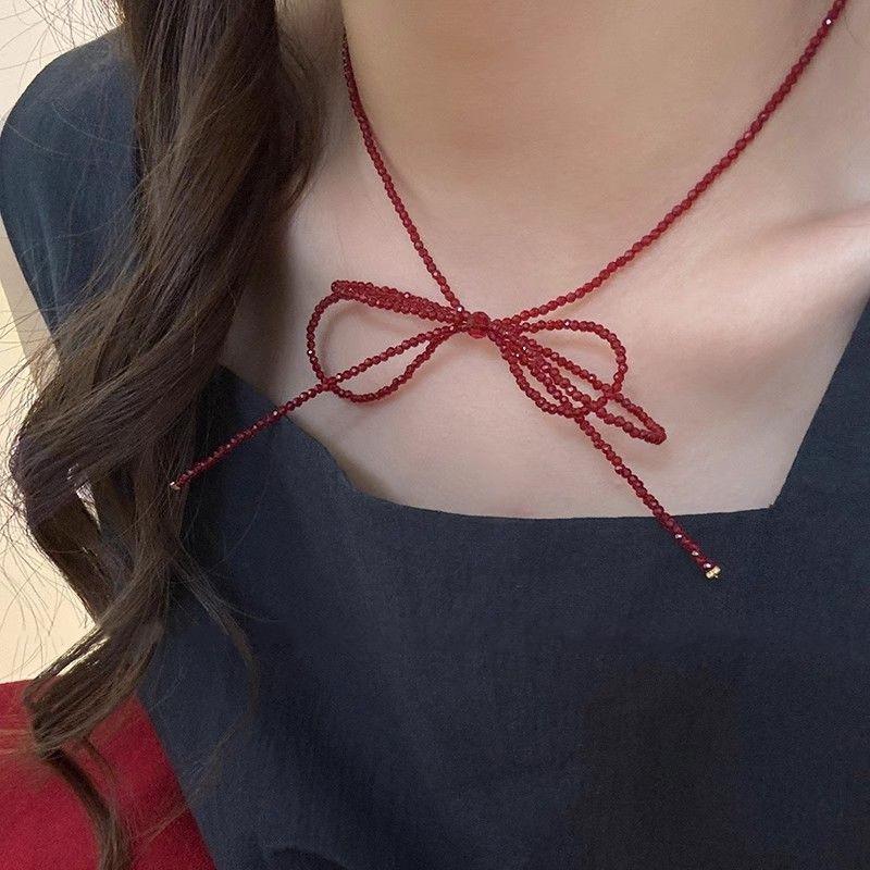 Female Red Beads Ins Style Necklace Accessories High Class Red Bow White Necklace Choker Clavicle Chain