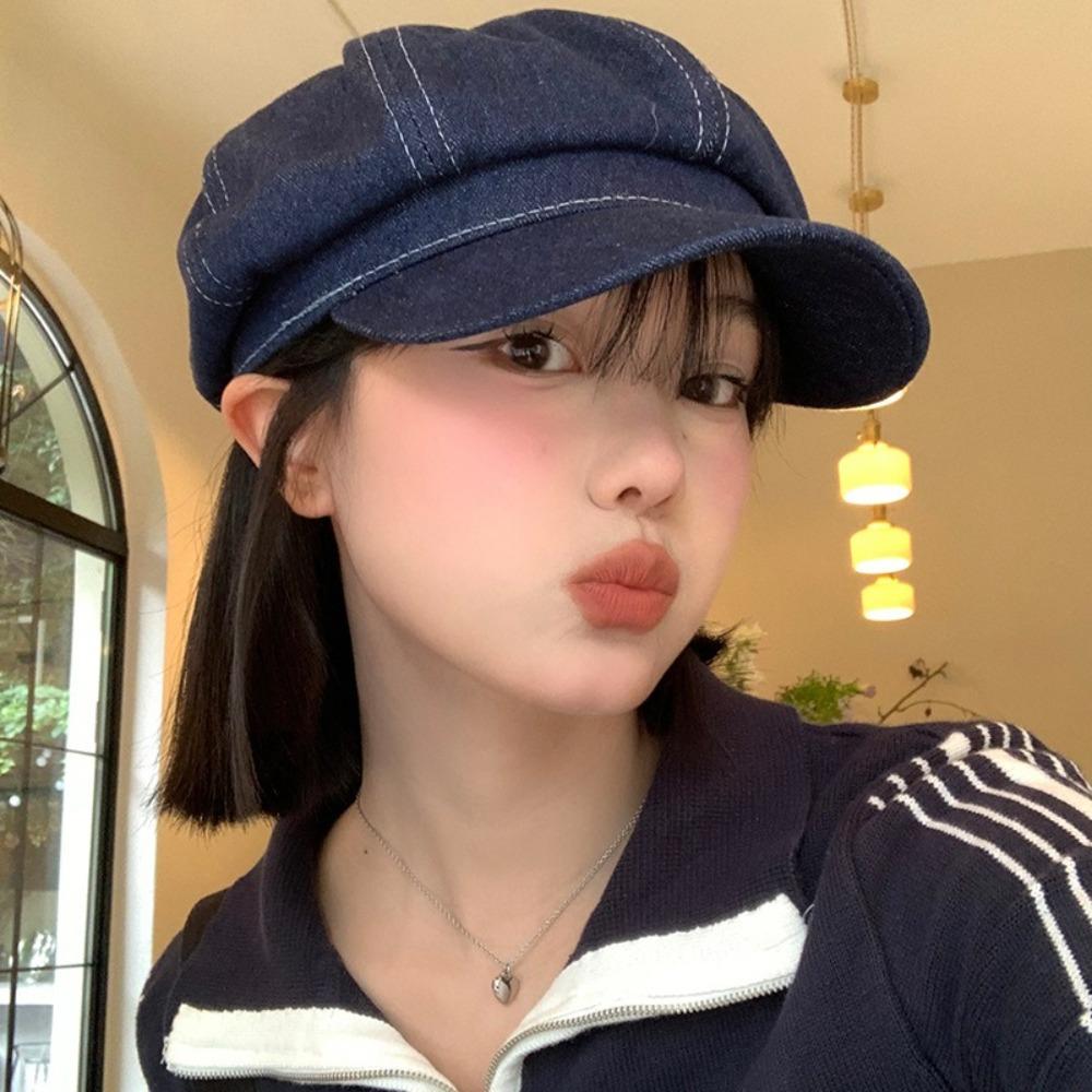 Vintage Women Denim Beret Versatile Newsboy Cap Casual Octagonal Caps Unisex