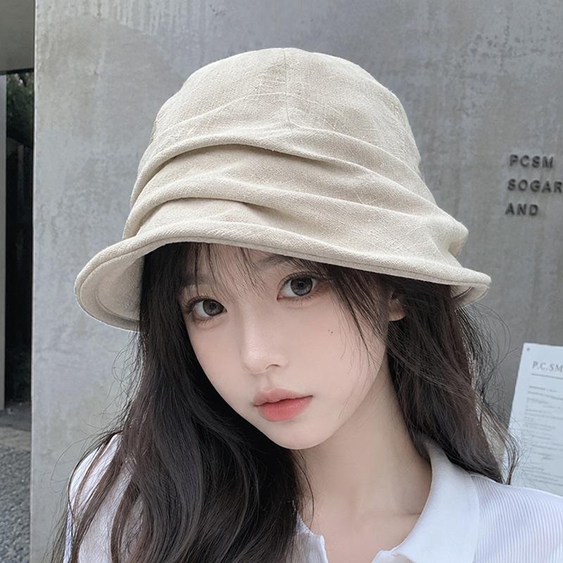 New linen pleated bucket hat women's spring and summer face small breathable versatile basin hat sunscreen sunshade bucket hat