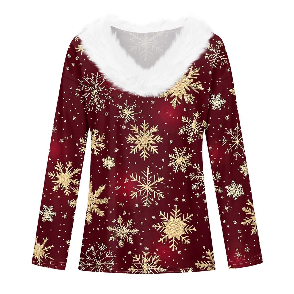 Женская мода с длинным рукавом, рождественский принт, плюшевый ворот, V-образный вырез, пуловер, топ