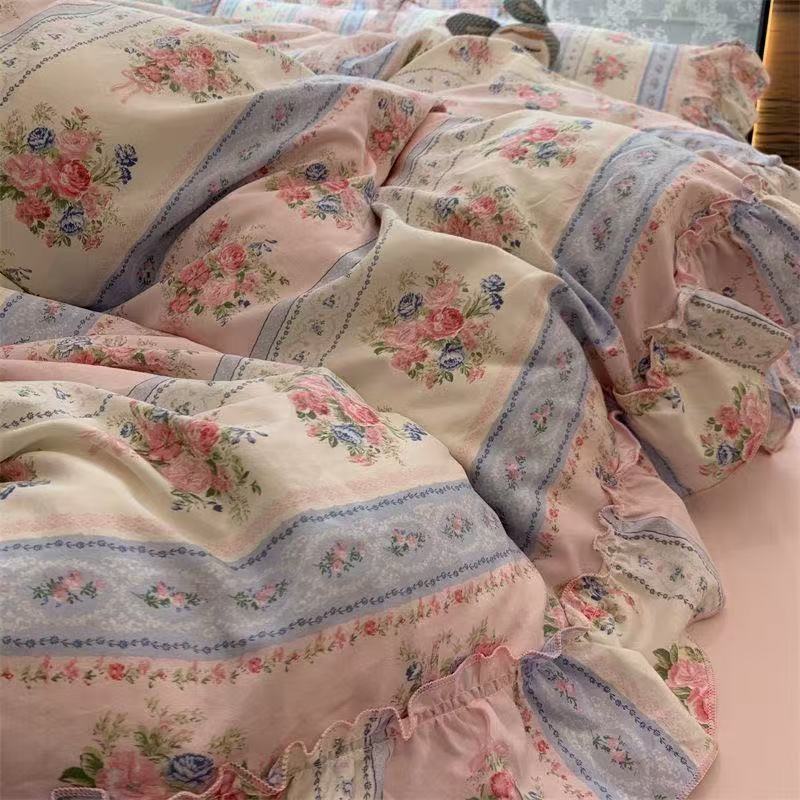 Korean Style Princess Floral Bedding Set Washed Cotton Vintage French Pastoral Flowers Lace Ruffles Duvet Cover Set Pillowcase
