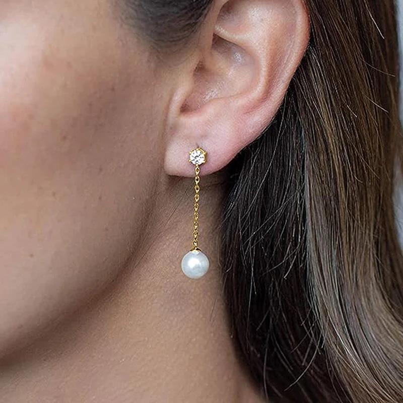 Huitan Imitation Pearl Lady Drop Earrings Chain Design Elegant Wedding Charming Accessories Trendy Party Inlaid Shiny CZ JewelryGood product