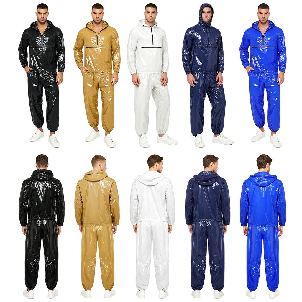 Mens Waterproof Tracksuit Hooded Windbreaker Front Zipper Pocket Jogging Pants Elastic Waist Rainwear Suit