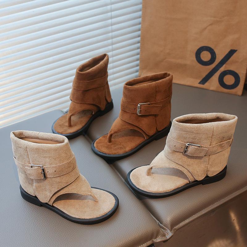 Ankle-strap Summer Roman Shoes for Girls Suede Leather High-top Sandals Little Girl Soft Sole Flip Flop Dress Shoes Child I11159