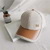 Coffee Streetwear Adjustable Pu Leather Brim Korean Style Hat Houndstooth Baseball Cap Face Cap