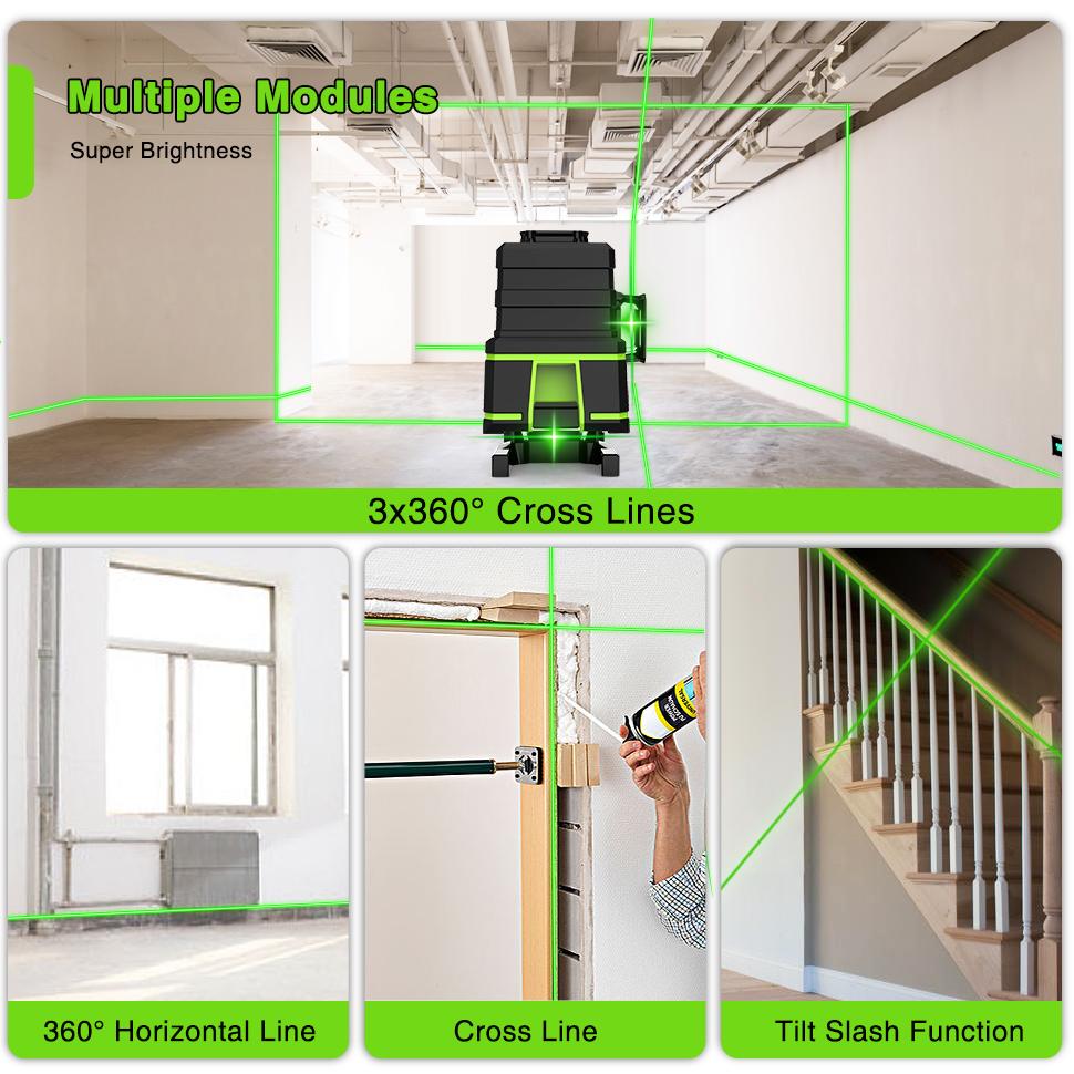 3D 12 Lines Multi-functiona Professional Green Laser Level with Remote Control and Rechargeable Battery