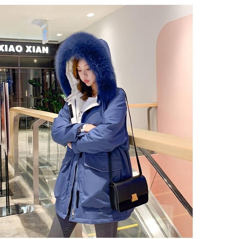 Winter Large Natural Fur Down Jacket Women Duck Down Hooded Sash Tie Up Parka Female Warm Snow Coat