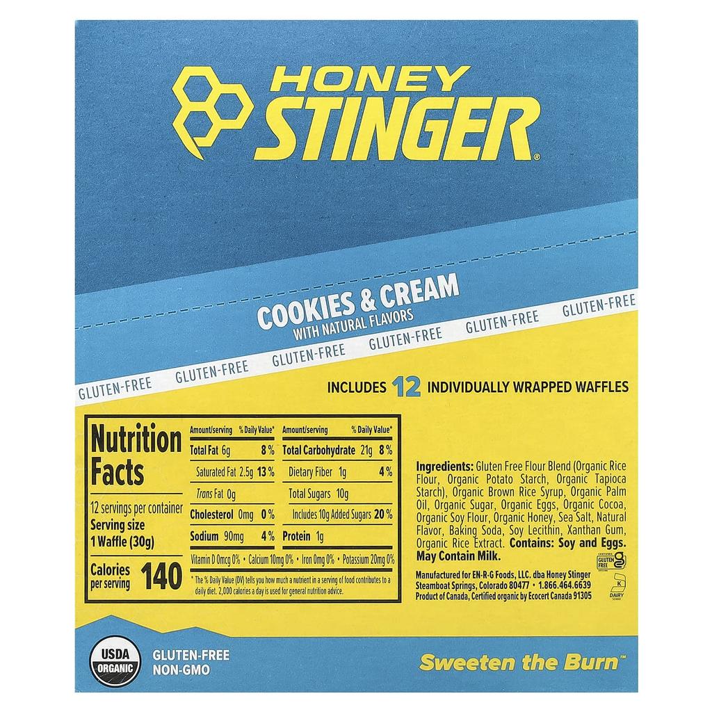 Honey Stinger, Energy Waffle, Cookies & Cream, 12 Waffles, 30 G (1.06 Oz) Each
