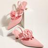 Fashion Slingbacks Sandals Summer Women's Heels Red Ribbon Flowers Wedding Bridal Shoes Sexy Pointed Toe Stilettos Party Heels