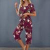 2 Pcs/Set Women Summer Pajamas Flower Printing V Neck Short Sleeve Shirt Elastic Waist Cropped Trousers Homewear Casual Outfit Spring Sleepwear