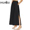 Женская хлопковая юбка-полуторка, осенне-зимняя, с высокой талией, с разрезом, однотонная, длинная юбка