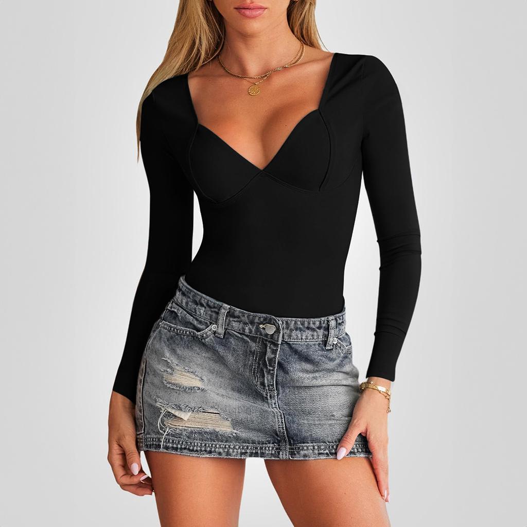 Женский сексуальный облегающий однотонный топ с V-образным вырезом и длинными рукавами