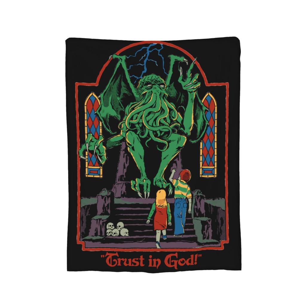 Trust in God Knitted Blanket Flannel Horror Halloween Cthulhu Lovecraft Occult Thin Throw Blanket for Home Couch Bedroom Quilt