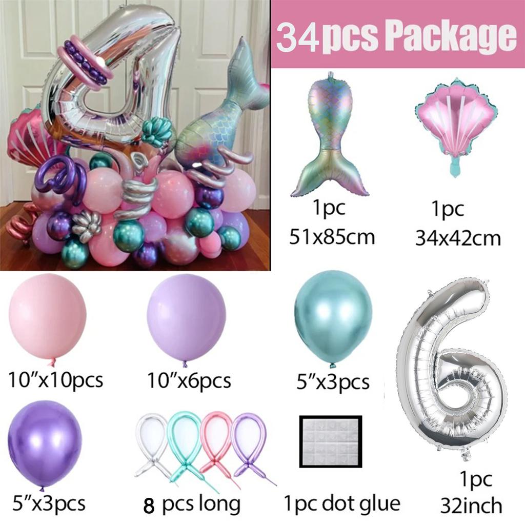 34 шт. воздушные шары с хвостом русалки, розовый, фиолетовый, воздушный шар из фольги с номером, детские украшения для дня рождения, вечерние шары с русалочкой