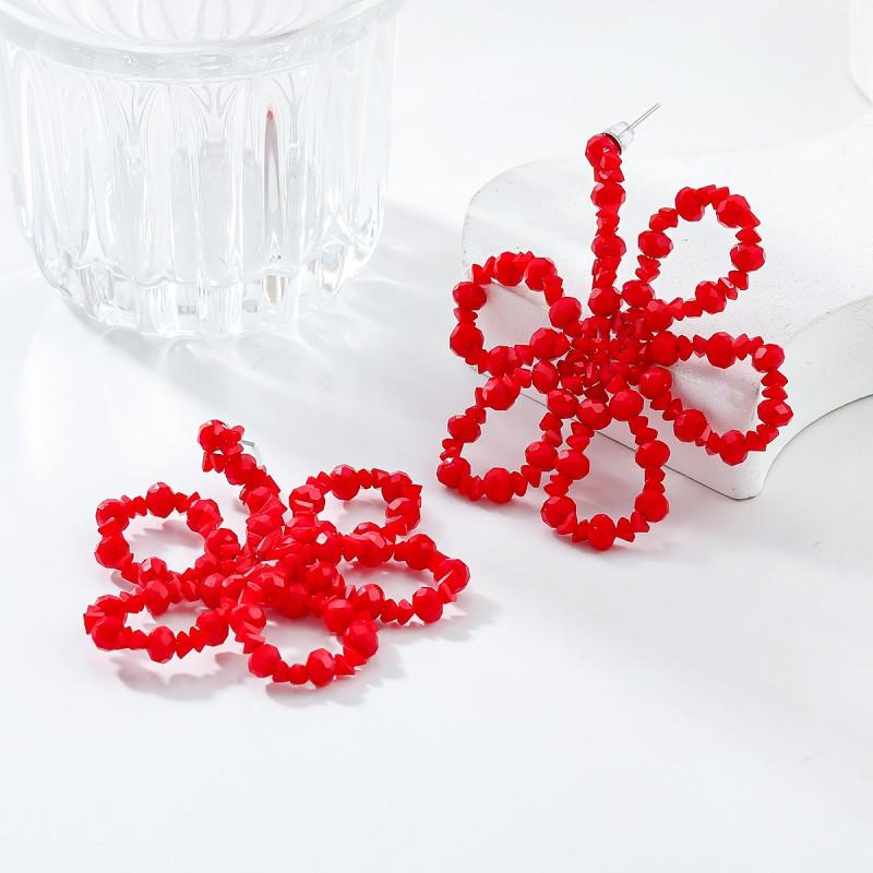 Boho Handwoven Bow Crystal Flower Earrings Women Long Beaded Dangle Earring Alloy Geometric Design Red Black